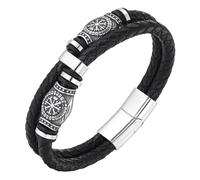 HUIANGLIYG Bracelet En Cuir Tressé À Double Rangée Pour Homme, Classique, Noir, Avec Boussole Nordique, Rune, Viking, Cadeau Pour Homme, Bijoux Punk, Noir, 22 Cm