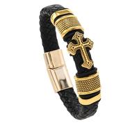 HUIANGLIYG Bracelet en Cuir Tressé Fait Main avec Croix Chrétienne pour Homme, avec Fermoir Magnétique, Bijou Religieux, Idéal pour Offrir, avec Boîte, Couleur Or, 23 Cm