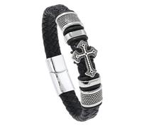 HUIANGLIYG Bracelet en Cuir Tressé Fait Main avec Croix Chrétienne pour Homme, avec Fermoir Magnétique, Bijou Religieux, Idéal pour Offrir, avec Boîte, Argent, 21 Cm