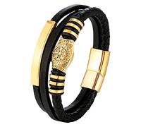 HUIANGLIYG Bracelet En Cuir Tressé Multi-Brins Avec Amulette Runes Vikings Nordiques Pour Homme Et Femme, Avec Fermoir Magnétique, Style Vintage, Doré, 21 Cm