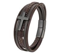 HUIANGLIYG Bracelet En Cuir Tressé Multicouche Pour Homme Avec Croix De Foi Et Fermoir Magnétique, Bijou Punk Fait Main, Cadeau Religieux Chrétien Pour Lui Et Elle, Noir, 22 Cm