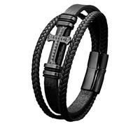 HUIANGLIYG Bracelet En Cuir Tressé Multicouche Pour Homme Avec Croix De Foi Et Fermoir Magnétique, Style Gothique Punk, Cadeau Religieux Chrétien, Noir, 23 Cm