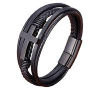 HUIANGLIYG Bracelet En Cuir Tressé Multicouche Pour Homme Avec Fermoir Magnétique, Bijou Punk Fait Main, Cadeau Religieux Chrétien (Marron/Noir), 21 Cm