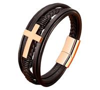HUIANGLIYG Bracelet En Cuir Tressé Multicouche Pour Homme Avec Fermoir Magnétique, Bijou Punk Fait Main, Cadeau Religieux Chrétien Pour Lui (Marron/Noir), Or Rose, 23 Cm