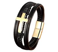HUIANGLIYG Bracelet En Cuir Tressé Multicouche Pour Homme Avec Fermoir Magnétique, Bijou Punk Fait Main, Cadeau Religieux Chrétien (Marron/Noir), Doré, 23 Cm
