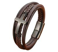 HUIANGLIYG Bracelet En Cuir Tressé Multicouche Pour Homme Avec Fermoir Magnétique, Bijou Punk Fait Main, Cadeau Religieux Chrétien Pour Lui (Marron/Noir) Noir-Marron 23 Cm