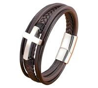 HUIANGLIYG Bracelet En Cuir Tressé Multicouche Pour Homme Avec Fermoir Magnétique, Bijou Punk Fait Main, Cadeau Religieux Chrétien Pour Lui (Marron/Noir), Marron Argenté, 21 Cm
