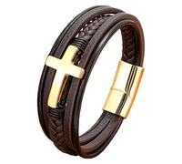HUIANGLIYG Bracelet En Cuir Tressé Multicouche Pour Homme Avec Fermoir Magnétique, Bijou Punk Fait Main, Cadeau Religieux Chrétien (Marron/Noir), 21 Cm
