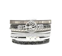 HUIANGLIYG Bracelet en Cuir Tressé Multicouche Style Bohème pour Femme, Large, Simple, Imprimé Lettres, Perles, Idéal pour Anniversaire, Fête des Mères, pour Adolescentes, Gris, 20 Cm