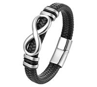 HUIANGLIYG Bracelet En Cuir Tressé Noir Avec Breloque Infini Pour Homme Et Femme, Bijou Inspirant, Idéal Comme Cadeau, 19 Cm, Argenté