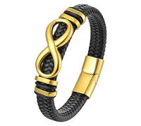 HUIANGLIYG Bracelet En Cuir Tressé Noir Avec Breloque Infini Pour Homme Et Femme, Idéal Comme Cadeau, Couleur Or, 23 Cm
