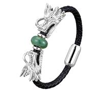 HUIANGLIYG Bracelet En Cuir Tressé Noir Avec Double Tête De Dragon, Style Viking, Orné D'Aventurine Verte (23 Cm). Bijou Punk.