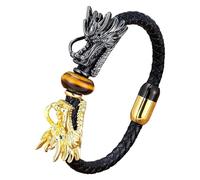 HUIANGLIYG Bracelet En Cuir Tressé Noir Avec Double Tête De Dragon, Style Viking, Orné De Pierres Naturelles Œil-De-Tigre (23 Cm). Bijou Punk.