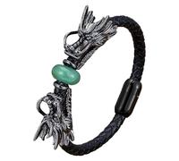 HUIANGLIYG Bracelet En Cuir Tressé Noir Avec Double Tête De Dragon, Style Viking, Orné De Pierres Naturelles (Aventurine Verte, 23 Cm). Bijou Punk.