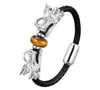 HUIANGLIYG Bracelet En Cuir Tressé Noir Avec Double Tête De Dragon, Style Viking, Orné De Pierres Naturelles Œil-De-Tigre (23 Cm). Bijou Punk.