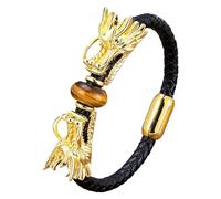HUIANGLIYG Bracelet En Cuir Tressé Noir Avec Double Tête De Dragon, Style Viking, Orné De Pierres Naturelles Œil-De-Tigre (23 Cm). Bijou Punk.