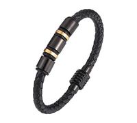 HUIANGLIYG Bracelet En Cuir Tressé Noir Pour Homme Avec Cordon De Perles Et Fermoir Magnétique, Style Vintage Punk Hip-Hop, Chaîne, Bijoux, Noir Et Or, 18,5 Cm