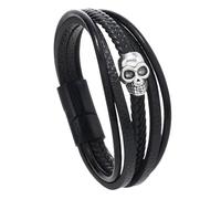 HUIANGLIYG Bracelet en Cuir Tressé Noir pour Homme, Motif Tête de Mort, Multicouches, avec Fermoir Magnétique, Style Gothique, Accessoire pour Halloween et Noël, Boucle Argentée, 21 Cm