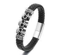 HUIANGLIYG Bracelet en Cuir Tressé Noir pour Homme, Style Gothique, Fait Main, avec Fermoir Magnétique, Style Punk Vintage, Trois Têtes de Mort, Cadeau pour Halloween, Noir, 21 Cm
