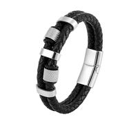 HUIANGLIYG Bracelet en Cuir Tressé Noir pour Hommes Bracelets en Cuir Tressé Double Couche avec Fermoir Magnétique et Perles Bracelet Punk Biker Élégant Cadeau Personnalisé pour Hommes Argent