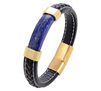 HUIANGLIYG Bracelet En Cuir Tressé Pour Homme, Bracelet En Cuir Avec Pierre Naturelle Et Fermoir Magnétique, Unisexe, Noir, Tressé, Pour Papa, Petit Ami, Mari, Or, 1, 21 Cm
