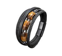 HUIANGLIYG Bracelet en Cuir Tressé pour Homme, Bracelet en Cuir Noir Multicouches, Bracelet en Pierre Œil de Tigre Naturel avec Fermoir Magnétique, Bijoux Punk Rétro pour Hommes, Cadeau pour Mar