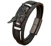 HUIANGLIYG Bracelet En Cuir Tressé Pour Homme, Motif Aigle Volant Viking, Multicouche, Noir, Style Pirate Nordique, Bracelet Manchette En Cuir, Amulette, Bijoux Noir, 21 Cm