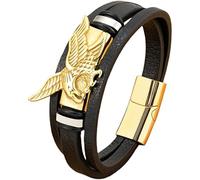 HUIANGLIYG Bracelet En Cuir Tressé Pour Homme, Motif Aigle Volant Viking, Multicouche, Noir, Style Pirate Nordique, Bracelet Manchette En Cuir, Amulette, Bijoux Dorés, 23 Cm