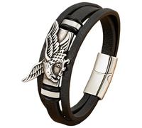 HUIANGLIYG Bracelet En Cuir Tressé Pour Homme, Motif Aigle Volant Viking, Multicouche, Noir, Style Pirate Nordique, Bracelet Manchette En Cuir, Amulette, Bijoux En Argent, 23 Cm