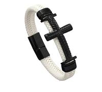 HUIANGLIYG Bracelet en Cuir Tressé pour Hommes avec Croix de Foi Texturée Noire pour Hommes, Bracelet Crucifix Tressé Fait Main, Fermoir Magnétique, Bijoux Religieux Chrétiens Vintage Blanc 22C
