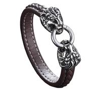 HUIANGLIYG Bracelet En Cuir Tressé Vintage Pour Homme, Motif Tête De Lion, Élégant, Avec Breloque Animal, Style Punk Biker, Marron, 22 Cm
