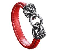 HUIANGLIYG Bracelet En Cuir Tressé Vintage Pour Homme, Motif Tête De Lion, Élégant, Avec Breloque Animal, Style Punk Biker, Rouge, 23 Cm