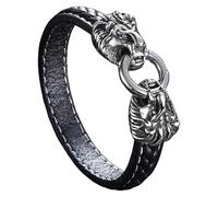 HUIANGLIYG Bracelet En Cuir Tressé Vintage Pour Homme, Motif Tête De Lion, Élégant, Avec Breloque Animal, Style Punk Biker, Noir, 22 Cm