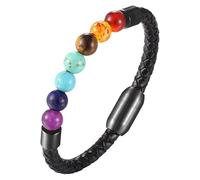 HUIANGLIYG Bracelet En Cuir Véritable De 8 Mm, Perles En Pierre Naturelle, Avec Fermoir Magnétique, Bijou Commémoratif, Idéal Pour Homme Et Femme, 7 Chakras, 21 Cm