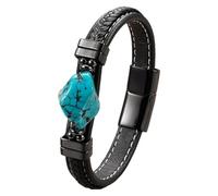HUIANGLIYG Bracelet En Cuir Véritable Tressé Pour Homme Et Femme, Noir, Avec Pierre Naturelle Irrégulière, Bijou Fait Main, Bleu Turquoise, 19 Cm, Idéal Pour Un Petit Ami/Mari/Papa.