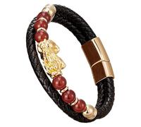 HUIANGLIYG Bracelet Feng Shui Pi Xiu Pour Homme, Bracelet En Cuir Tressé Noir Avec Pierre Naturelle, Fermoir Magnétique Multicouche, Bijou Porte-Bonheur Et Attirant La Richesse, Couleur Or - G, 21 Cm