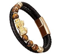 HUIANGLIYG Bracelet Feng Shui Pi Xiu Pour Homme, Bracelet En Cuir Tressé Noir Avec Pierre Naturelle, Fermoir Magnétique Multicouche, En Corde, Bijou Porte-Bonheur Et Attirant La Richesse, Couleur Or