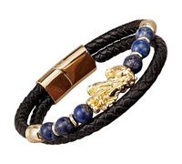 HUIANGLIYG Bracelet Feng Shui Pi Xiu Pour Homme, Bracelet En Cuir Tressé Noir Avec Pierre Naturelle, Fermoir Magnétique Multicouche, Bijou Porte-Bonheur Et Attirant La Richesse, Couleur Or - F 21 Cm