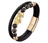 HUIANGLIYG Bracelet Feng Shui Pi Xiu Pour Homme, Bracelet En Cuir Tressé Noir Avec Pierre Naturelle, Fermoir Magnétique Multicouche, Bijou Porte-Bonheur Et Attirant La Richesse, Couleur Or - C, 23 Cm