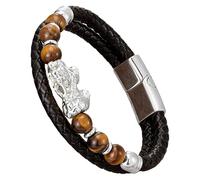 HUIANGLIYG Bracelet Feng Shui Pi Xiu Pour Homme, Bracelet En Cuir Tressé Noir Avec Pierre Naturelle, Fermoir Magnétique Multicouche, Bijou Porte-Bonheur Et Prospérité, Blanc - I 19 Cm