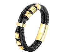 HUIANGLIYG Bracelet Homme,Bracelet en Cuir Tressé Noir À Double Rangée pour Homme, Bijou Tendance, Style Punk Vintage, Doré, 20 Cm