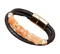 HUIANGLIYG Bracelet Homme Double Couche En Cuir Tressé Avec Fermoir Magnétique Et Perles De Pierre Naturelle. Bracelet Vintage Noir Tressé, Bijou Cadeau Doré, 3 X 21 Cm