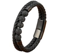 HUIANGLIYG Bracelet Homme En Cuir Et Perles De Pierre Naturelle Œil De Tigre/Roche De Lave, Fermoir Magnétique, Style Vintage, Bijou Artisanal, Noir, 23 Cm