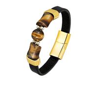 HUIANGLIYG Bracelet Homme En Cuir Noir Avec Pierre Œil De Tigre Naturelle, Style Décontracté, Fermoir Magnétique, Bracelet Manchette Unisexe, Idéal Pour Papa, Petit Ami Ou Mari, Couleur Or, 23 Cm