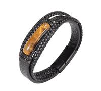 HUIANGLIYG Bracelet Homme en Cuir Noir et Pierre Naturelle, Tressé À La Main, Multicouche, avec Fermoir Magnétique, Style Vintage, Porte Bonheur, Idéal pour Les Fêtes, Pierre Œil de Tigre, 19