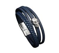 HUIANGLIYG Bracelet Homme en Cuir Tressé Multicouche avec Fermoir Magnétique, Motif Tête de Mort, Style Gothique Punk/Motard. Bijou Original pour Papa, Mari Ou Petit Ami. Bleu, 21 Cm.
