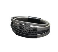 HUIANGLIYG Bracelet Homme en Cuir Tressé Multicouche, Orné D'Un Charm Hexagramme Noir, avec Fermoir Magnétique. Bracelet Manchette Tendance Style Punk, Cadeau pour Papa, Fils Ou Mari. Gris