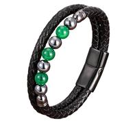 HUIANGLIYG Bracelet Homme En Cuir Tressé Noir, Orné De Perles D'Hématite Naturelle Et D'Aventurine Verte. Bijou Vintage Double Couche Tressé, Fait Main, Idéal Comme Cadeau. 21 Cm