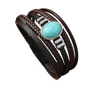 HUIANGLIYG Bracelet Homme en Cuir Turquoise Tressé Multicouche avec Fermoir Magnétique, Style Western Rétro, Bijou de Poignet Cowboy, Cadeau Attentionné pour Papa, Mari Ou Petit Ami, Marron, 21