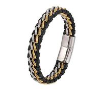 HUIANGLIYG Bracelet Homme en Cuir Véritable Tressé, Double Bracelet Classique en Cuir Noir Tressé avec Fermoir Magnétique, Style Punk Vintage, Cadeau pour Lui, Accessoires, Argent et Or, 23 Cm